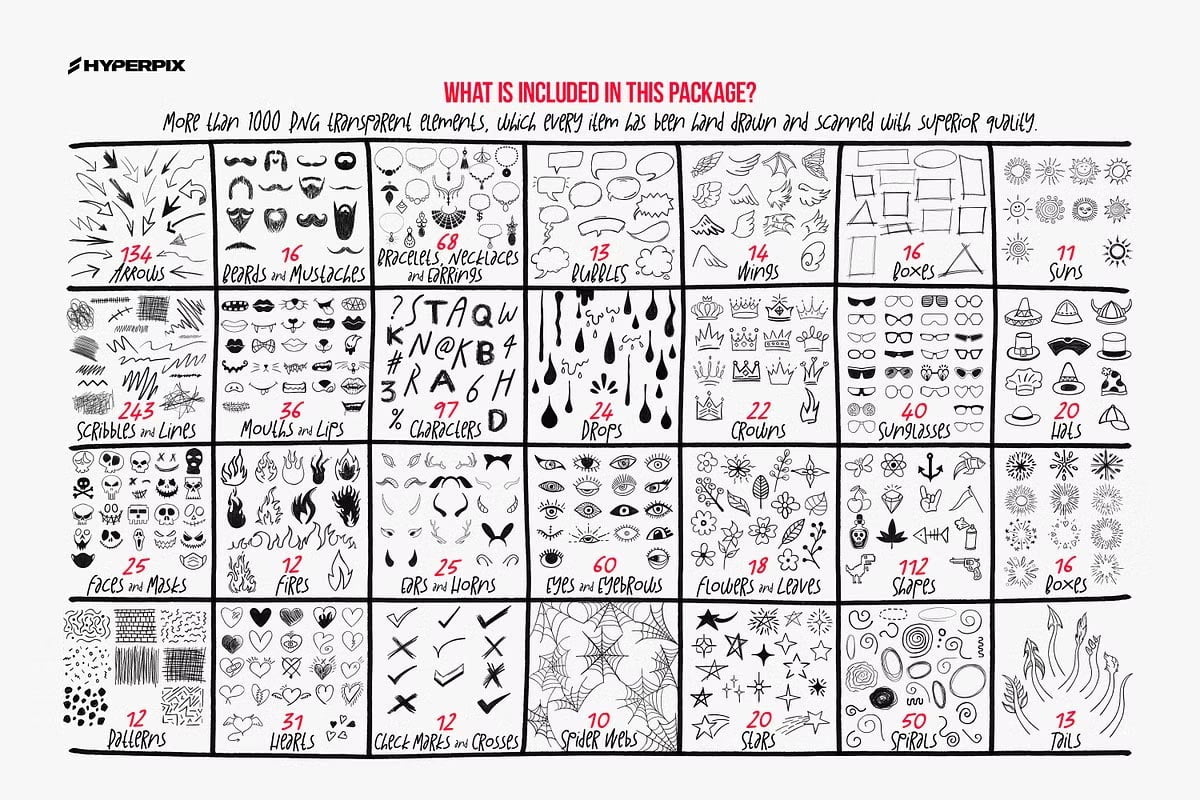 Hyper Hand Drawn - 1000 PNG Elements pic1